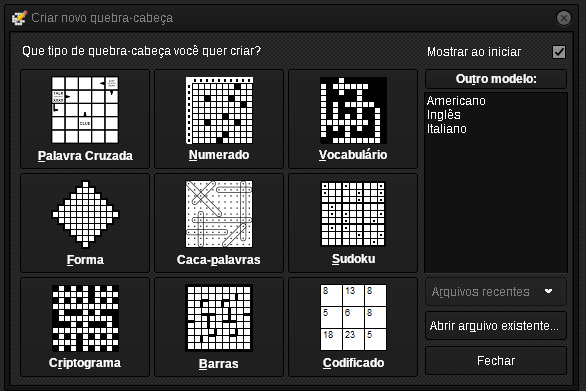 Crossword Compiler popup novo quebra-cabeça